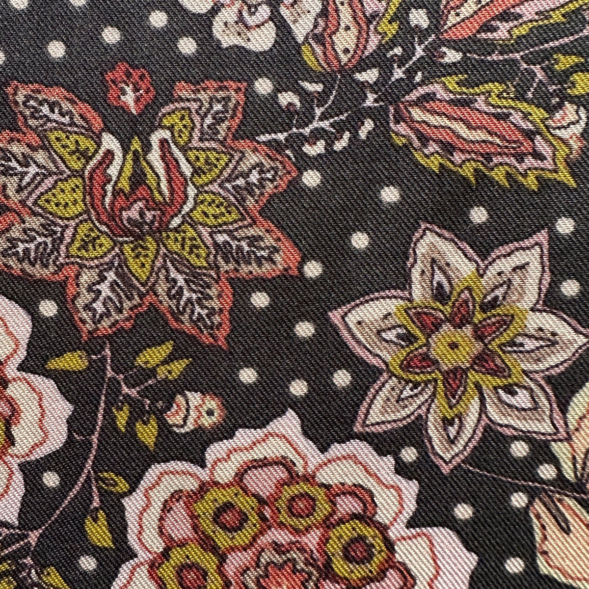 Flowers in pink on green on dark grey viscose twill dressmaking fabric