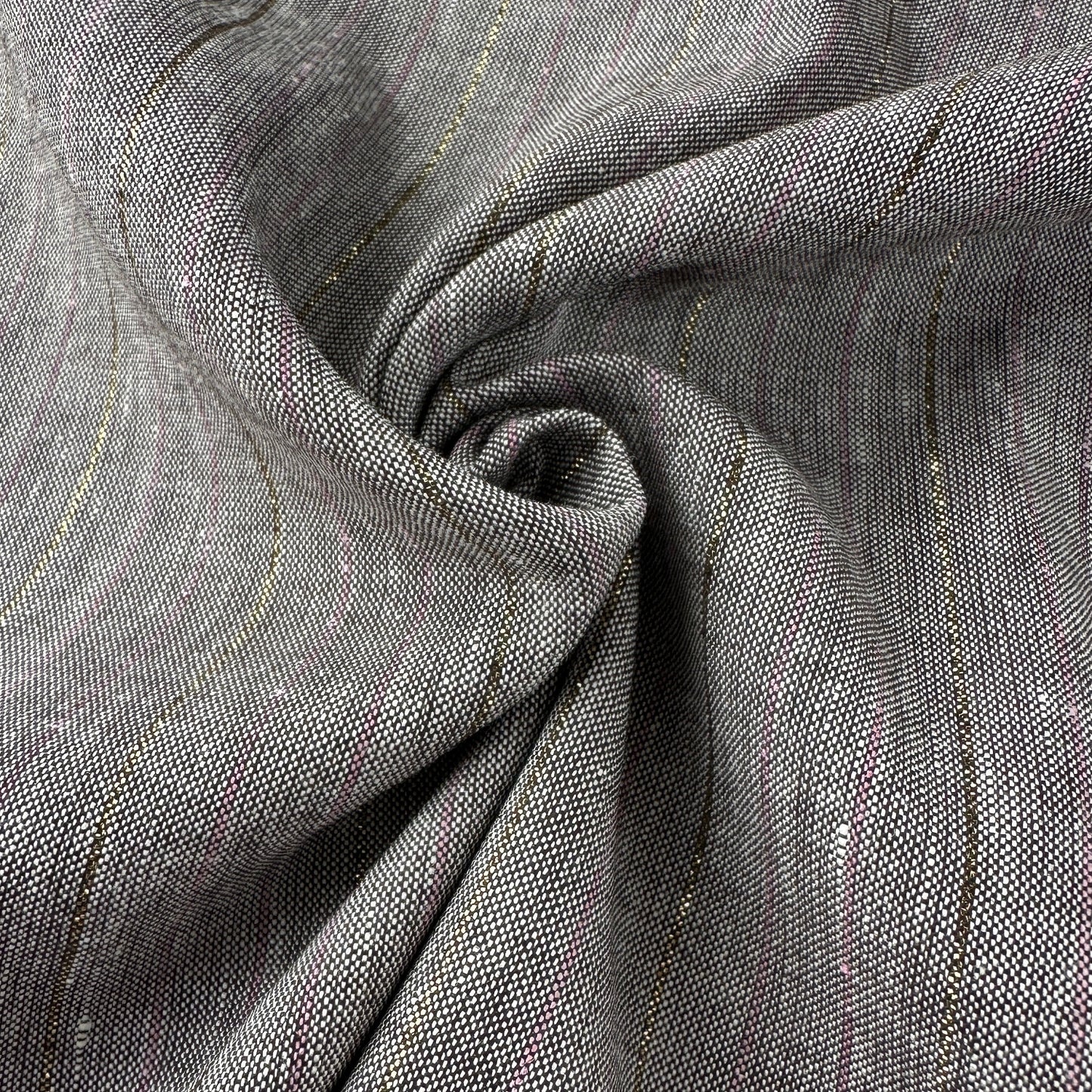 Pinstripe Linen and Viscose Blend Fabric in Brown Melange With Pink and Gold Lurex