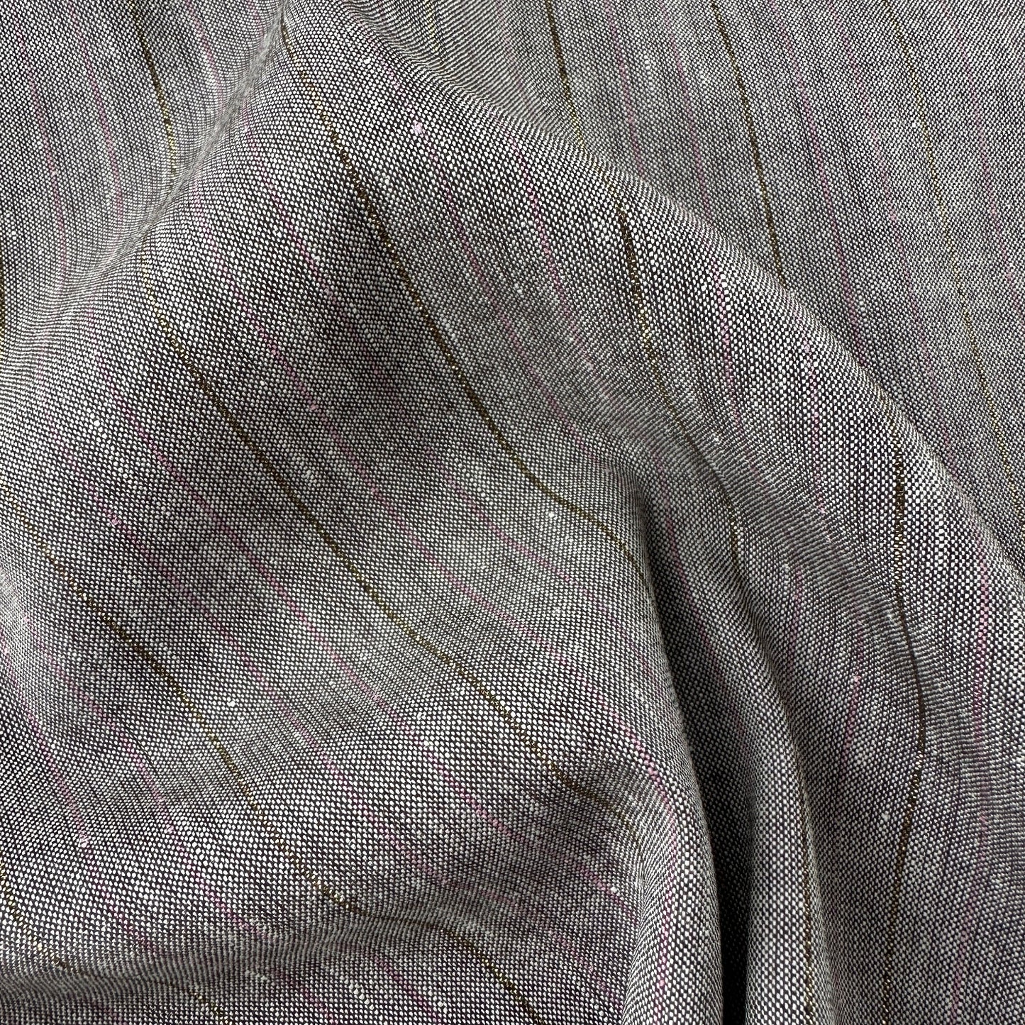 Pinstripe Linen and Viscose Blend Fabric in Brown Melange With Pink and Gold Lurex