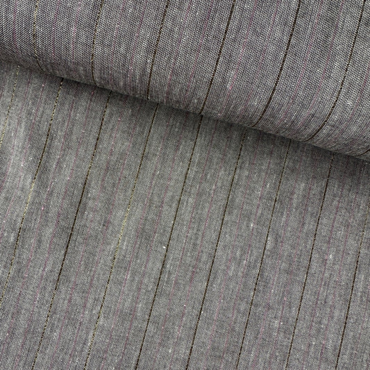 Pinstripe Linen and Viscose Blend Fabric in Brown Melange With Pink and Gold Lurex