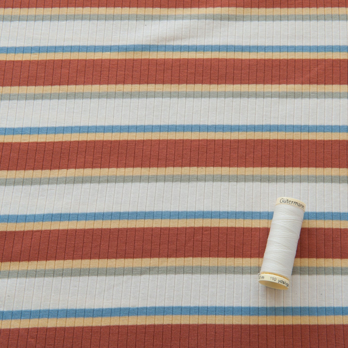 Rust Multicolour Stripe Ribbed Cotton Jersey Fabric - 75cm Piece