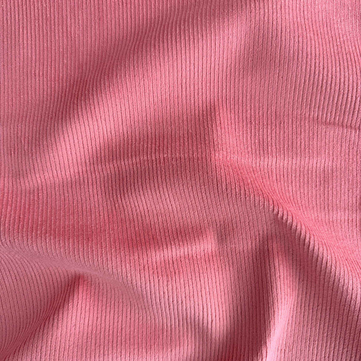 A close-up of pink corduroy fabric with soft folds