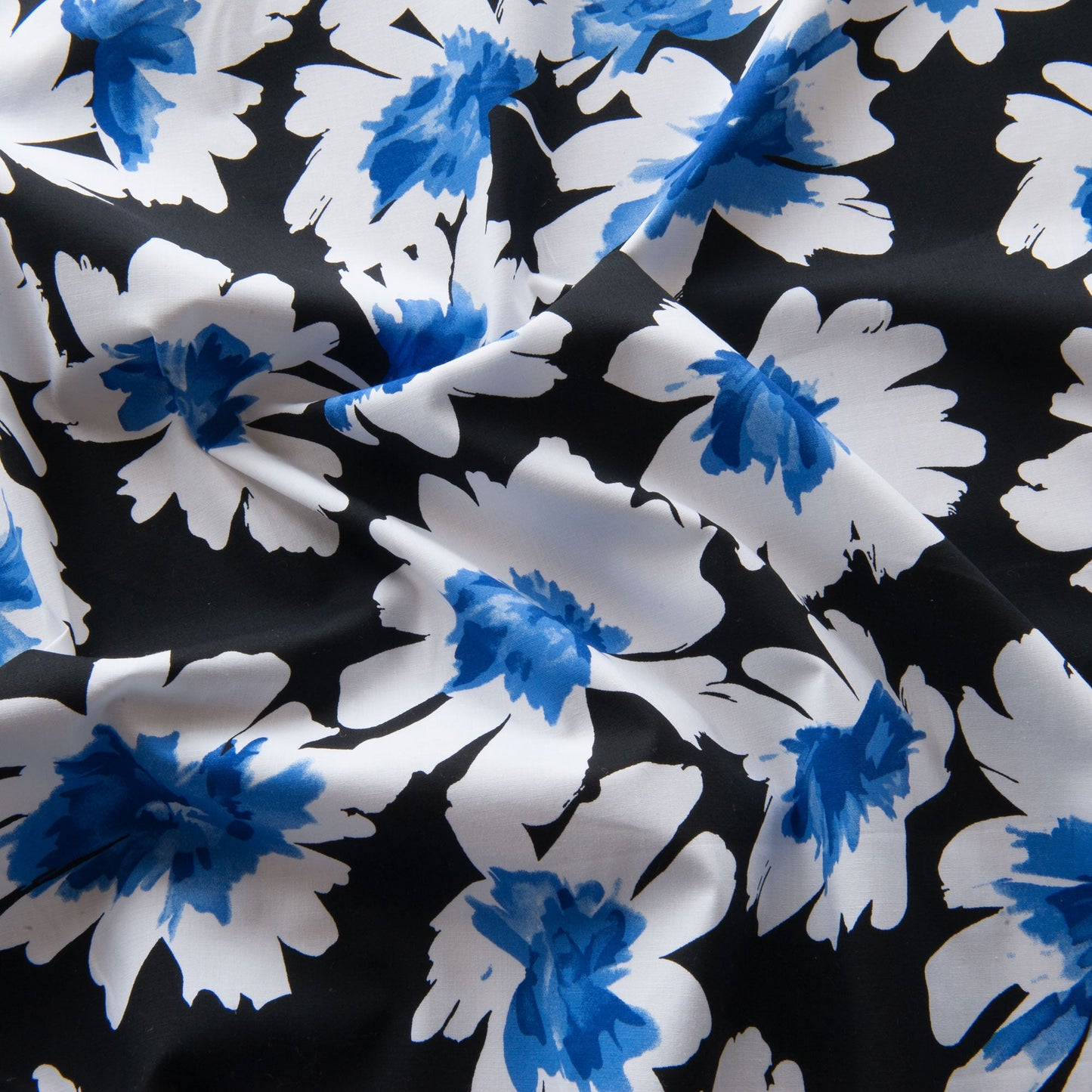 Stretch Cotton Dressmaking Fabric with Big Blue and White Flowers - 1.4m Piece