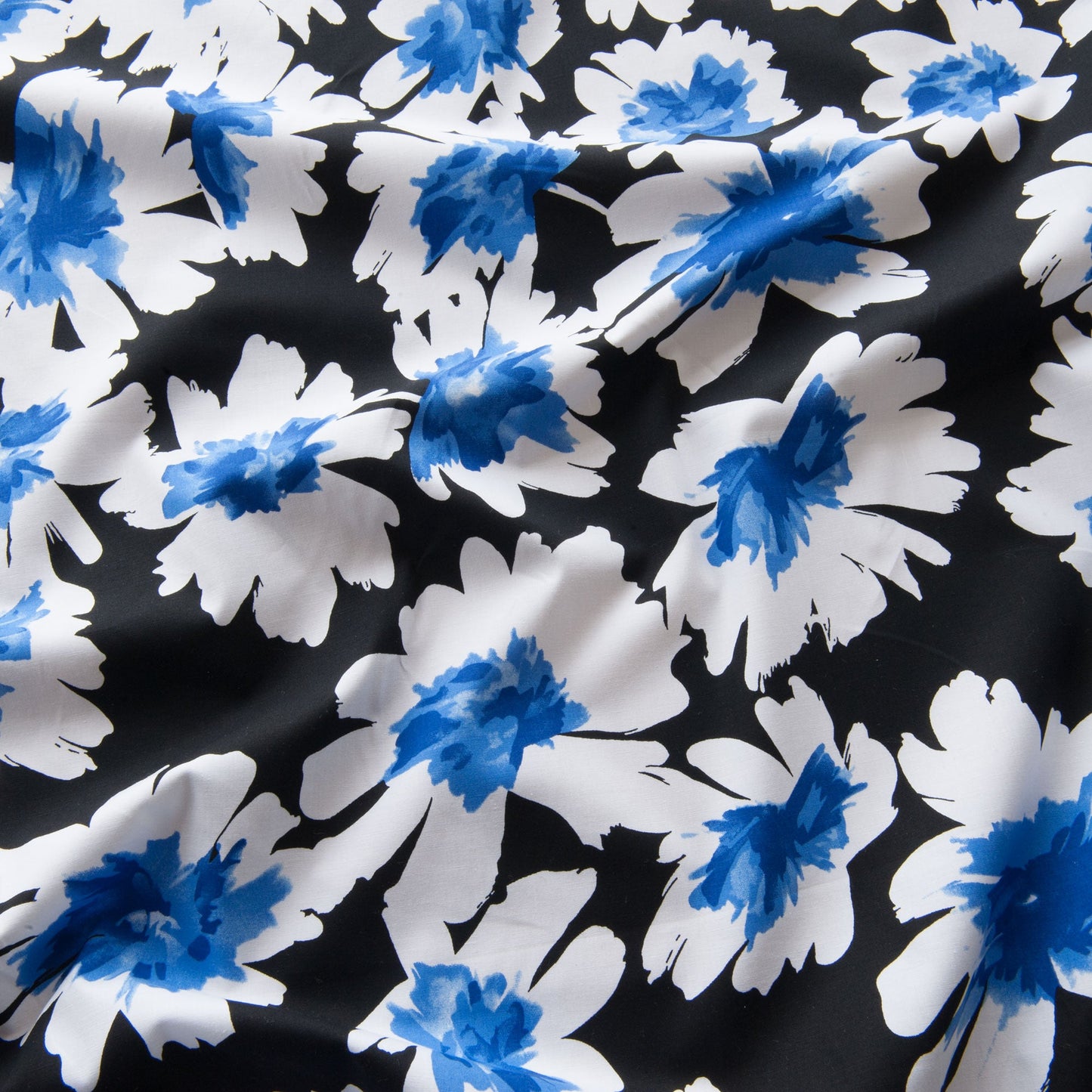 Stretch Cotton Dressmaking Fabric with Big Blue and White Flowers - 1.4m Piece