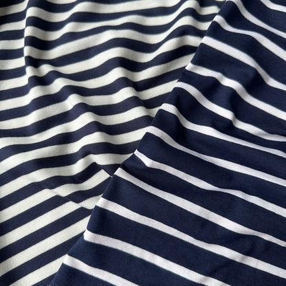 Navy and White Striped Viscose Jersey Fabric