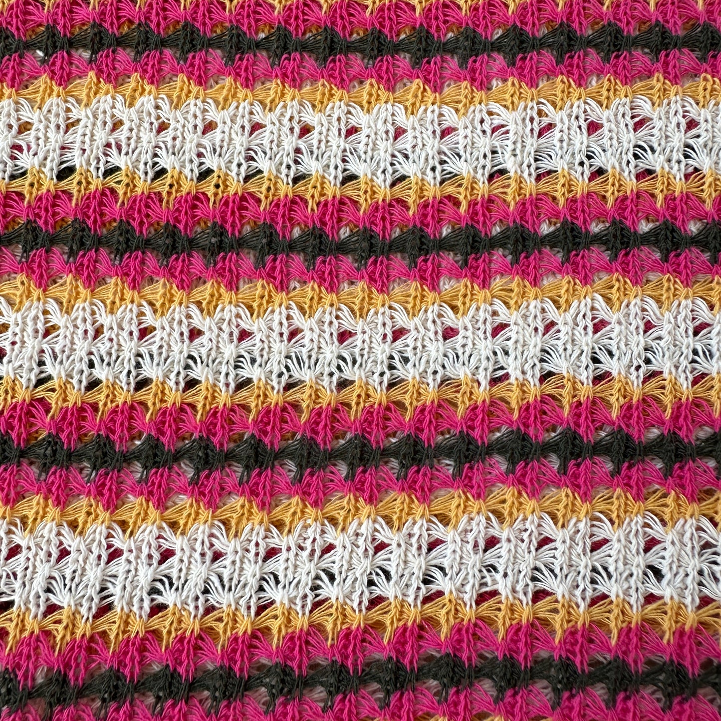 Close-up of a crocheted or knitted textile with repeating vertical stripes in grey, ecru, yellow, and bright pink, showing the textured stitch pattern.