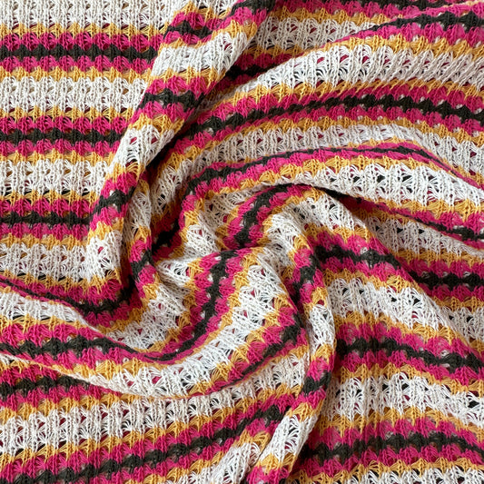 A close-up of a textured crochet fabric with vertical stripes in ecru, pink, yellow, and grey.
