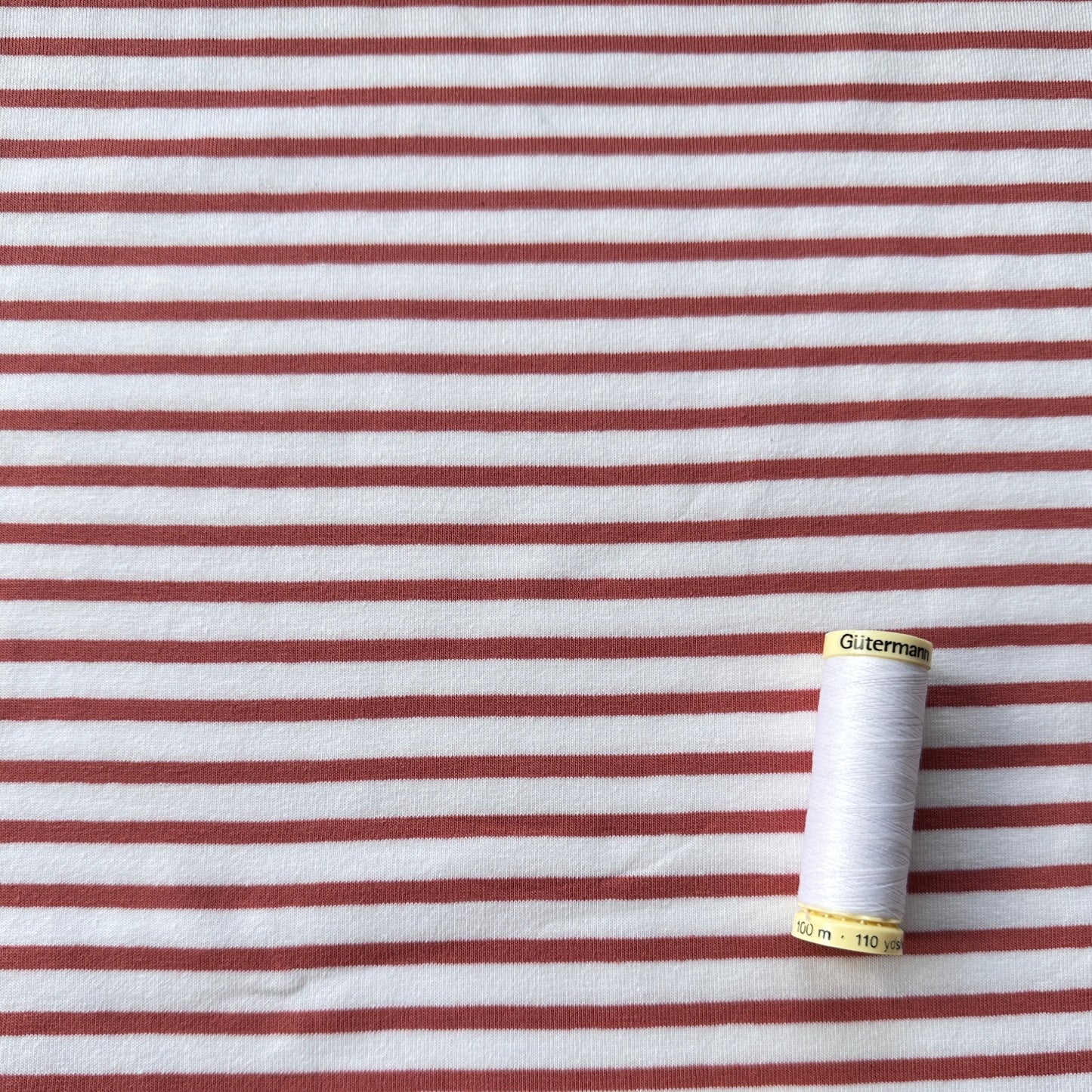 Terracotta Stripe on White Cotton Jersey Fabric
