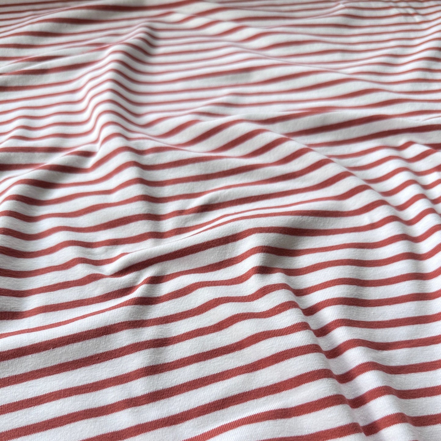 Terracotta Stripe on White Cotton Jersey Fabric