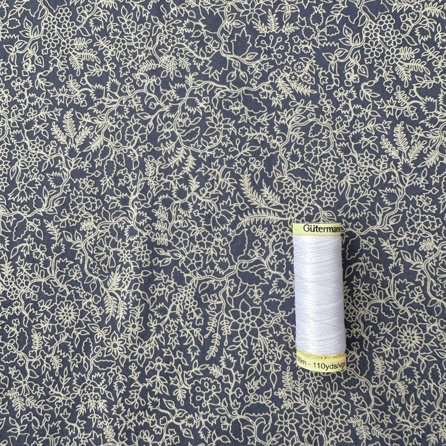 Trailing Flora in Stone on Steel Blue / Grey Supima Cotton Fabric (Ex Designer)