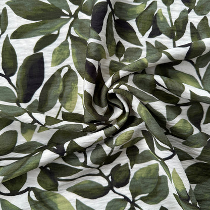 Trailing Leaves Viscose Blend Fabric in Olive Green