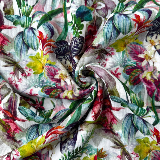 Colourful Tropical Flowers on Double Gauze Fabric