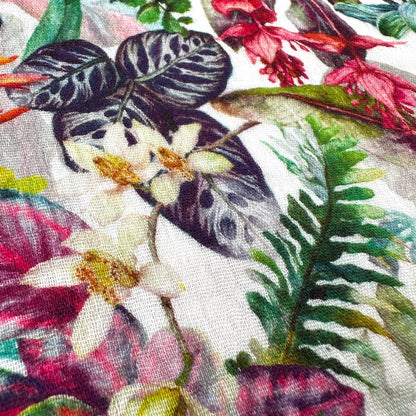 Close up of flowers and leaves on a double gauze fabric