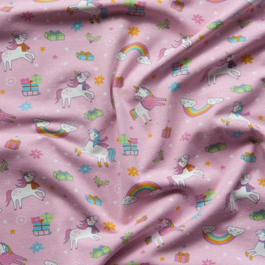 Unicorn Christmas Cotton Jersey Fabric in Pink - 1.1m Piece