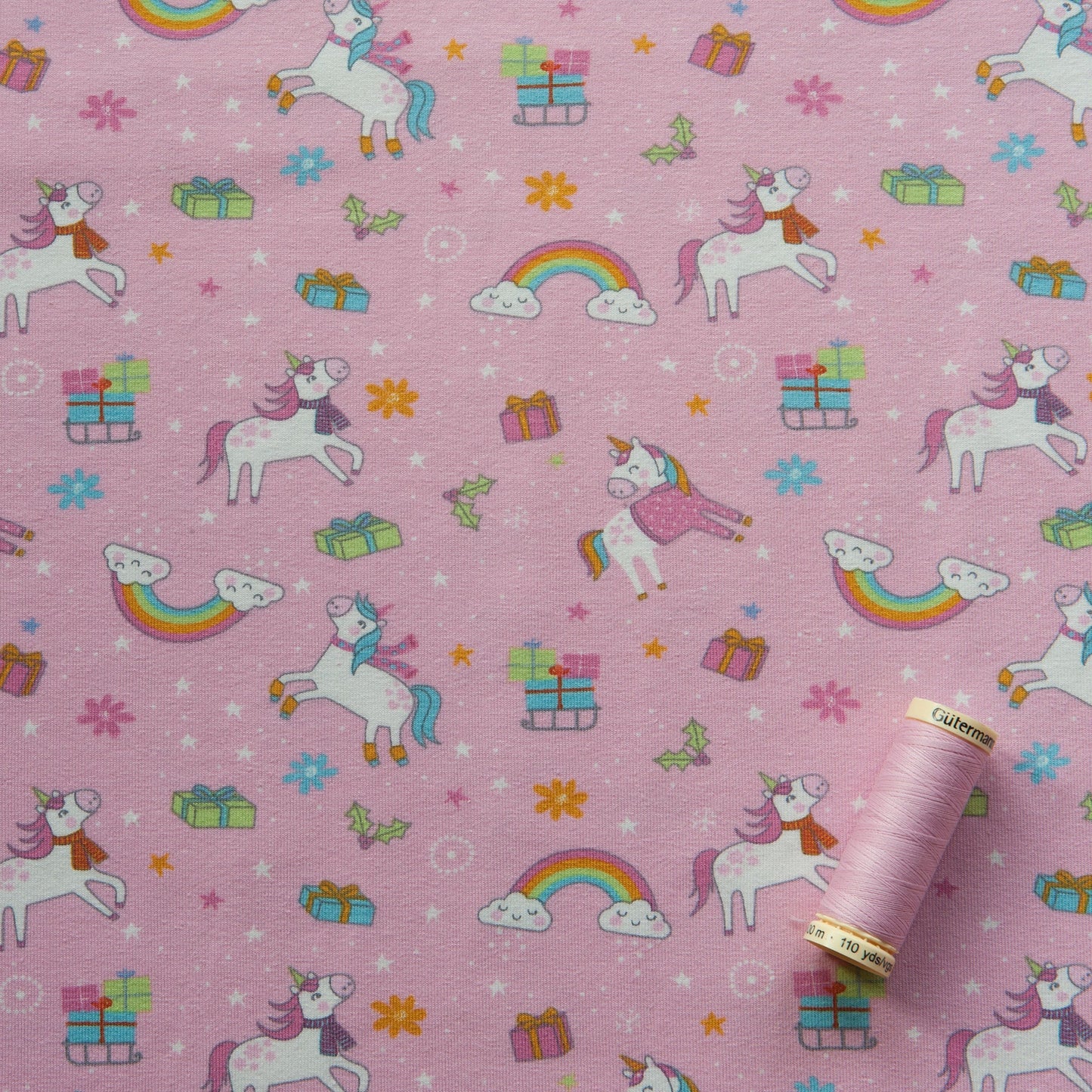 Unicorn Christmas Cotton Jersey Fabric in Pink - 1.85m Piece