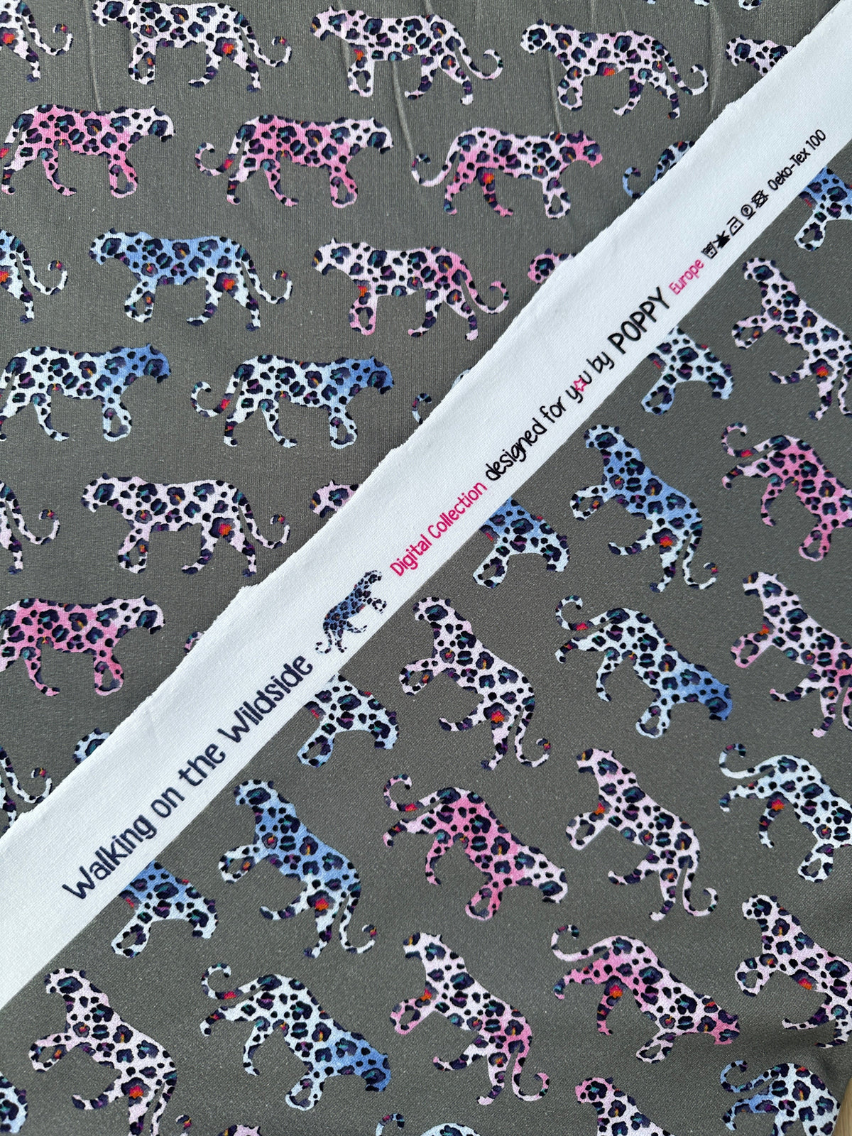 A close-up of patterned fabric with repeated spotted leopards in pink, blue, black, and white on a grey background, plus a diagonal white printed band reading 'Walking on the Wildside' and 'designed for you by POPPY'.
