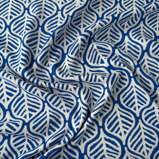 Blue viscose fabric with white leaves