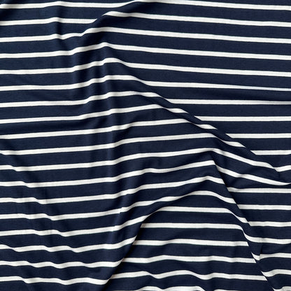White on Navy Striped Viscose Jersey Fabric