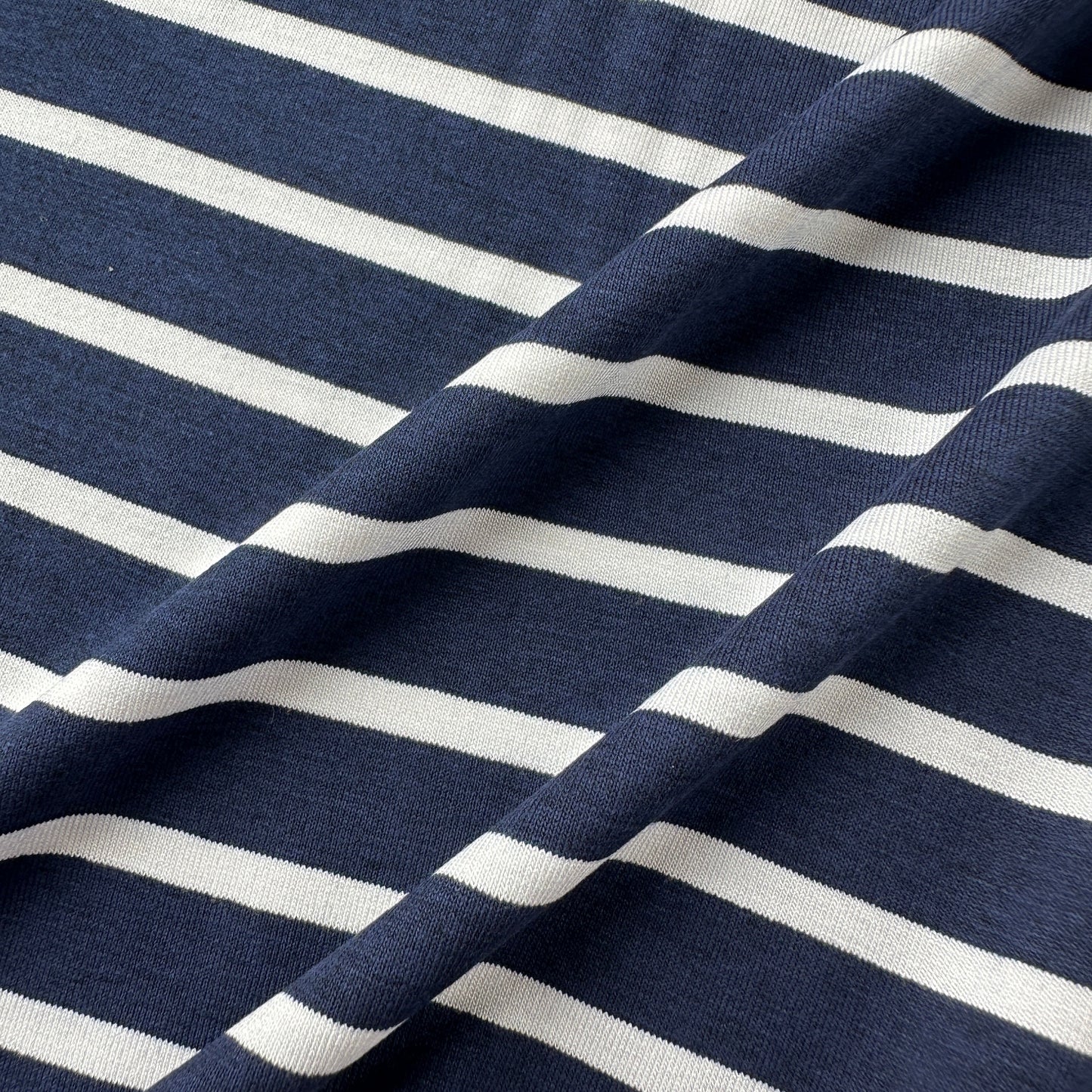 White on Navy Striped Viscose Jersey Fabric