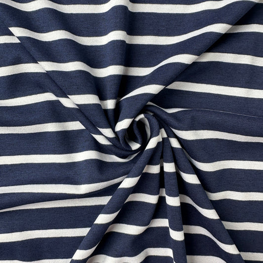 White on Navy Striped Viscose Jersey Fabric
