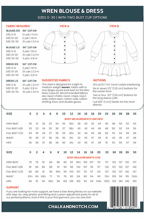 Wren Blouse and Dress Sewing Pattern - Chalk and Notch