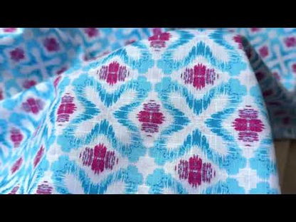 Geometric Ikat Cotton Linen Blend Fabric in Blue, Pink and White