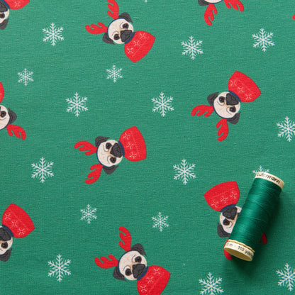 Christmas Pug Brushed French Terry Fabric