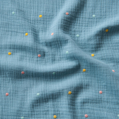 Embroidered Dots Cotton Double Gauze Fabric in Blue