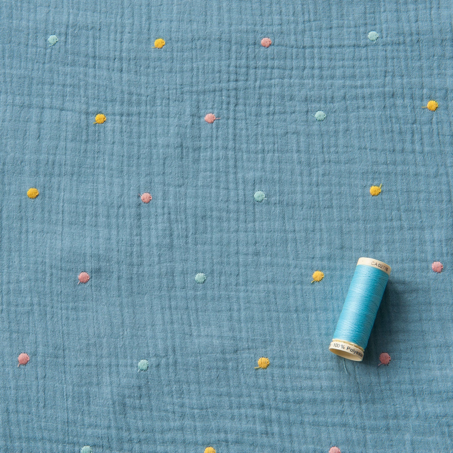 Embroidered Dots Cotton Double Gauze Fabric in Blue