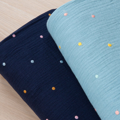 Embroidered Dots Cotton Double Gauze Fabric in Blue