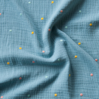 Embroidered Dots Cotton Double Gauze Fabric in Blue