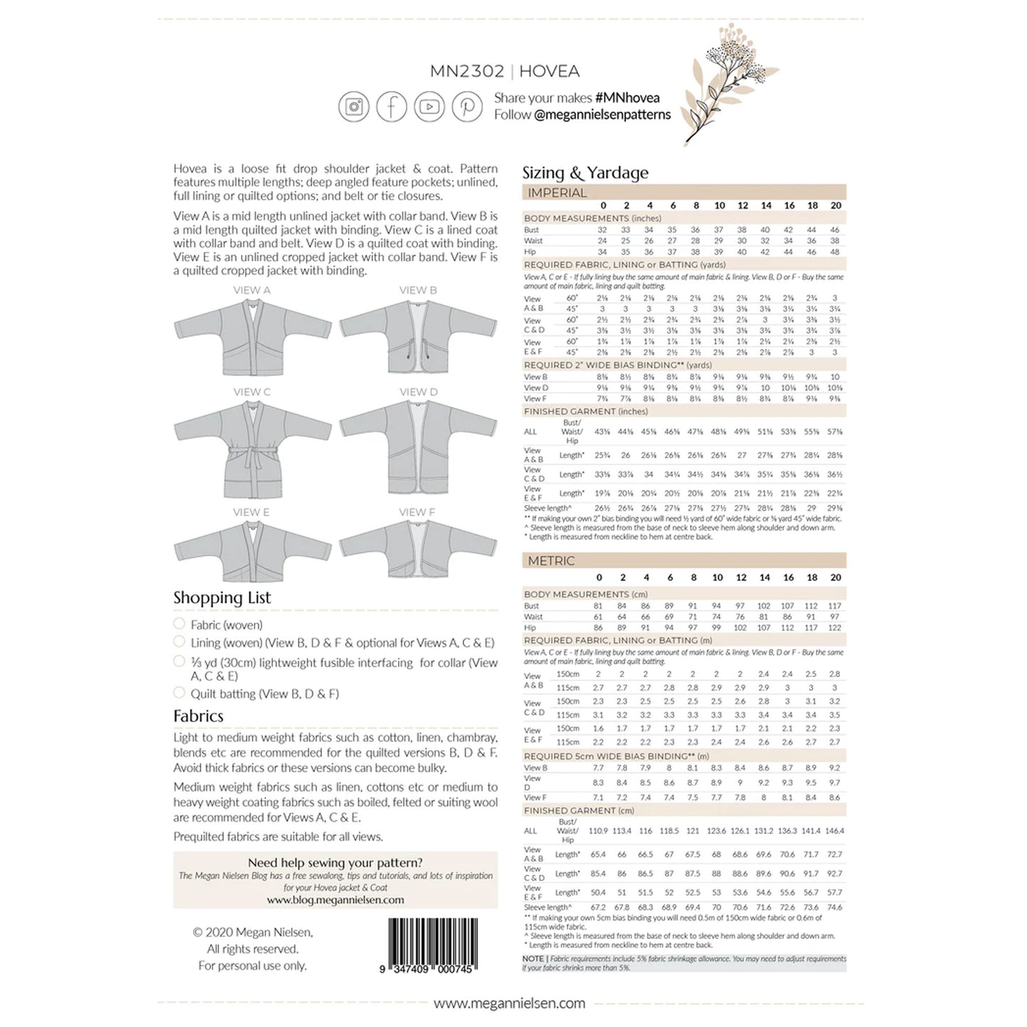 Hovea Jacket and Coat Sewing Pattern (Size 0-20) - Megan Nielsen Patterns
