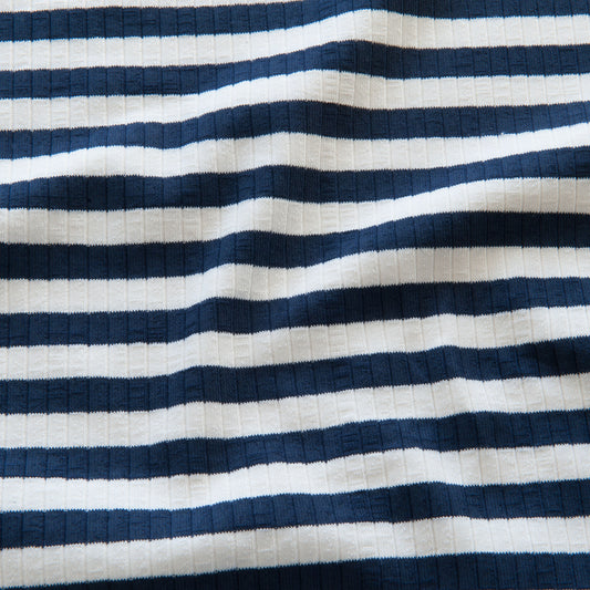 Navy and Ecru Stripe Ribbed Cotton Jersey Fabric