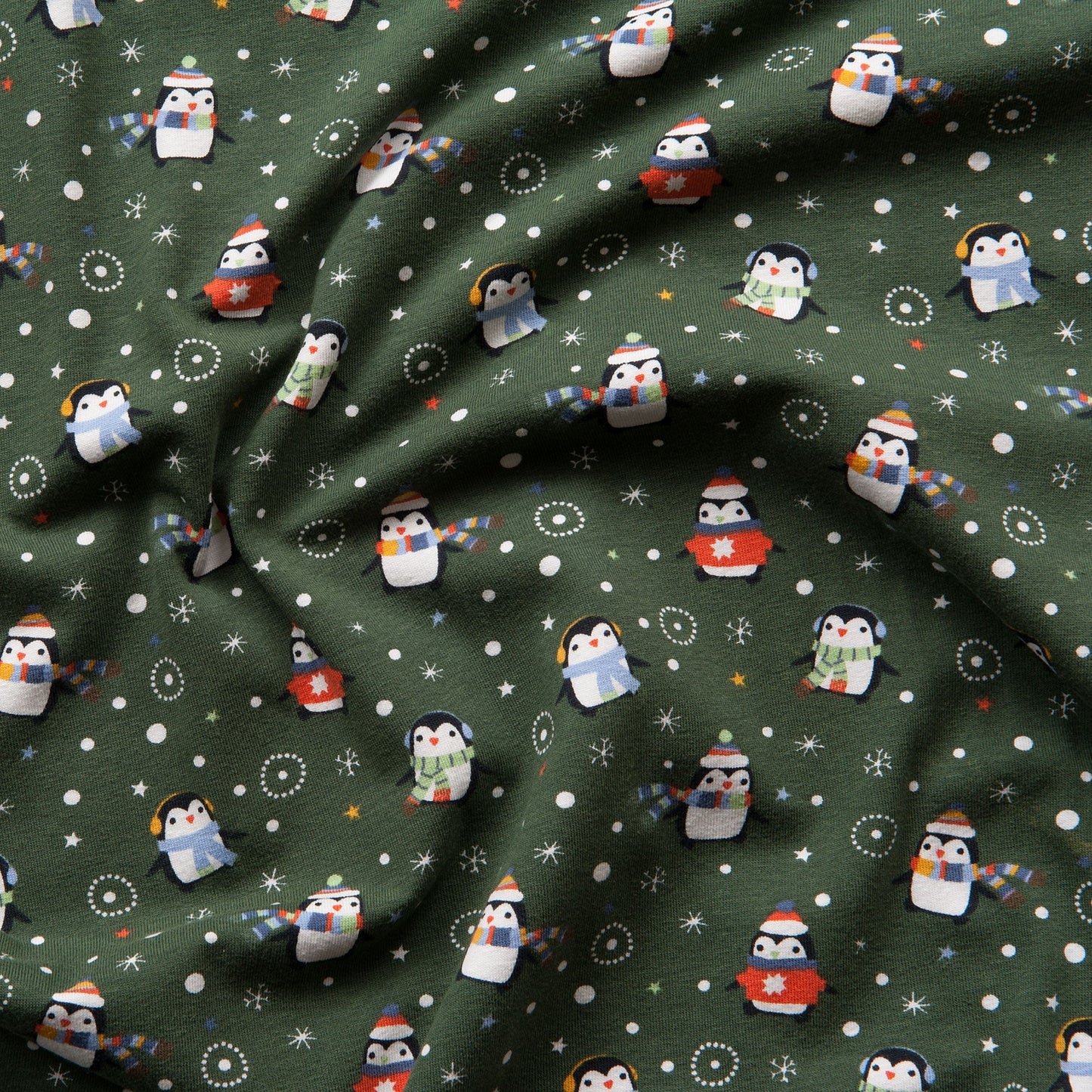 Penguin Christmas Cotton Jersey Fabric in Dark Green