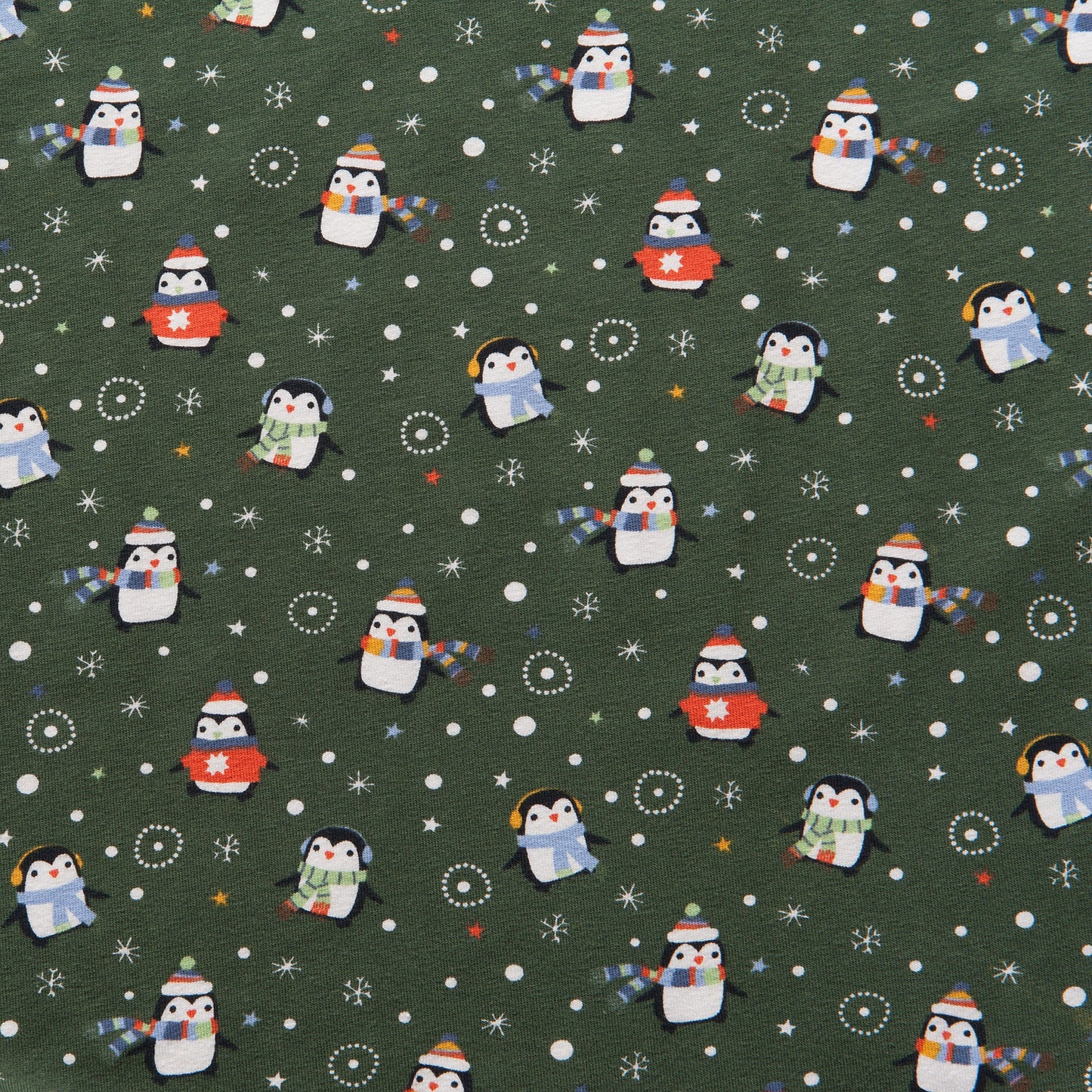Penguin Christmas Cotton Jersey Fabric in Dark Green