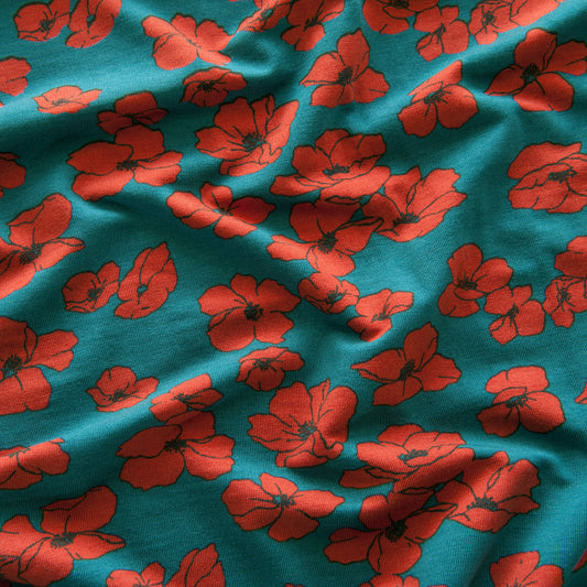 Red Poppies Tencel Modal Jersey in Teal - 60cm