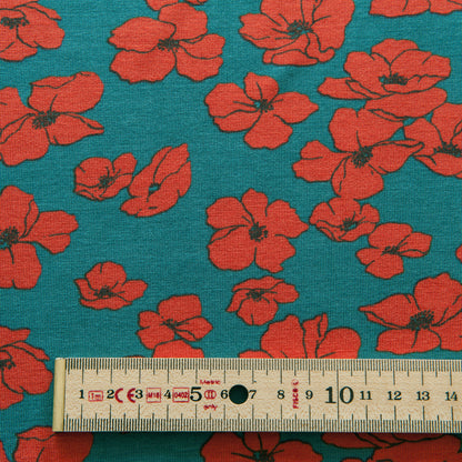 Red Poppies Tencel Modal Jersey in Teal - 60cm